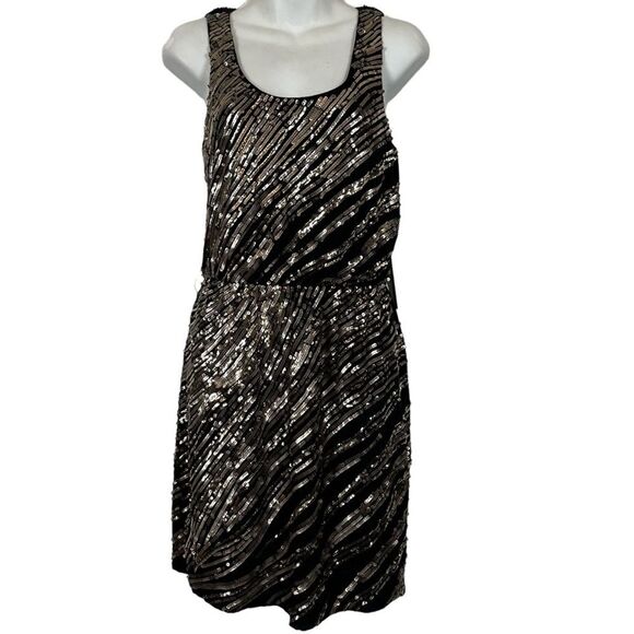 Express Black Gold Sequin Sleeveless V-Back Swifty Party Evening Dress NWT S - Picture 1 of 14